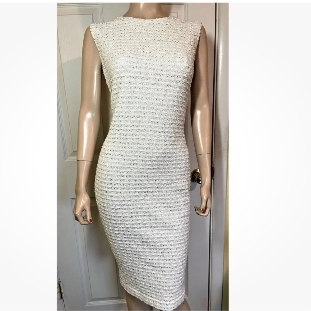 St John Ecru Multi Iridescent Sequin Tweed Sleeveless Dress